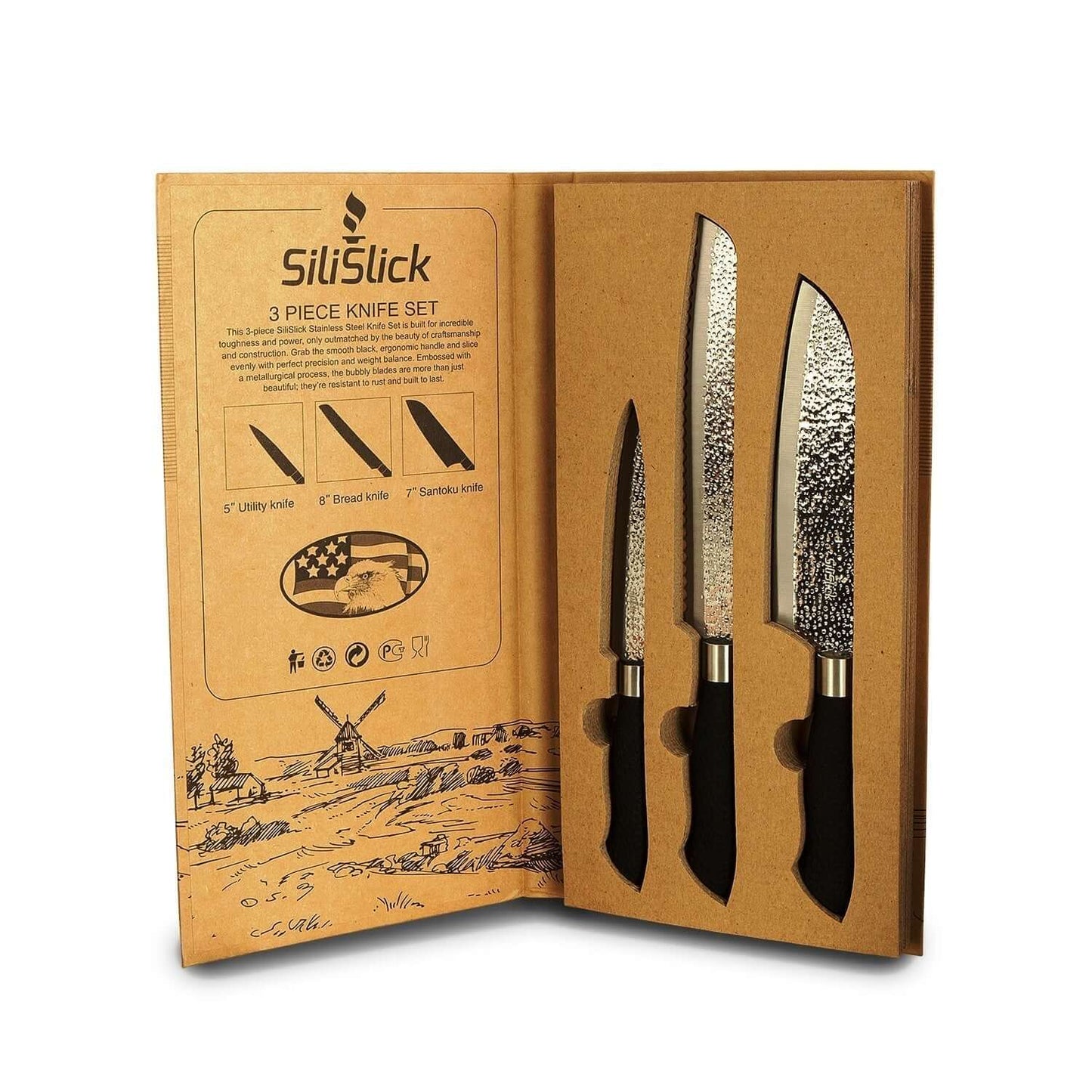 Embossed Hammered Blades 3 Piece Knife Set